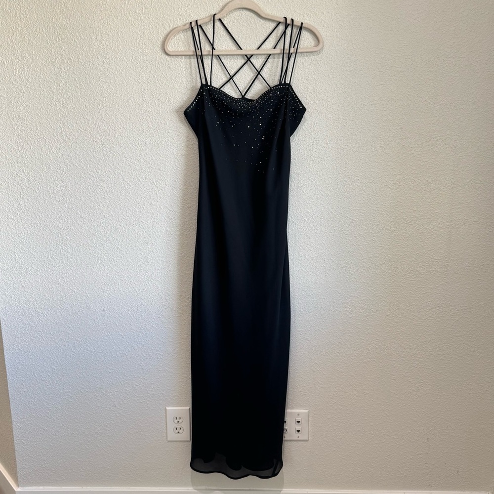 Y2K 90's CDC Womens Dress‎ 6 Black Rhinestone Strappy Maxi Prom Whimsigoth